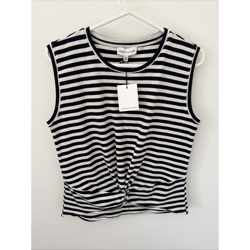 Gibson & Latimer Sleeveless Top Women Small Navy White BNWT Striped Twist Front